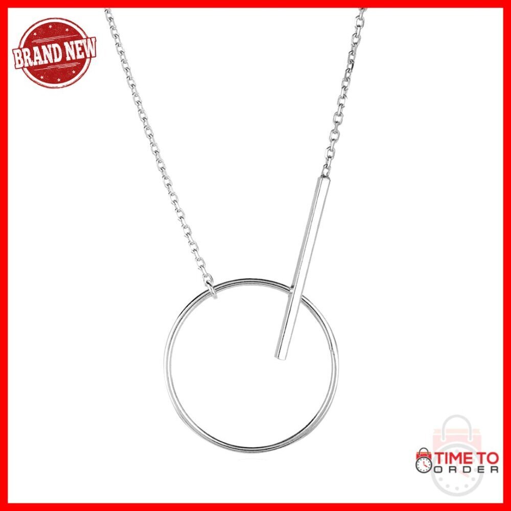 Sterling Silver Circle Bar Pendant Necklace 16" Chain with Extender